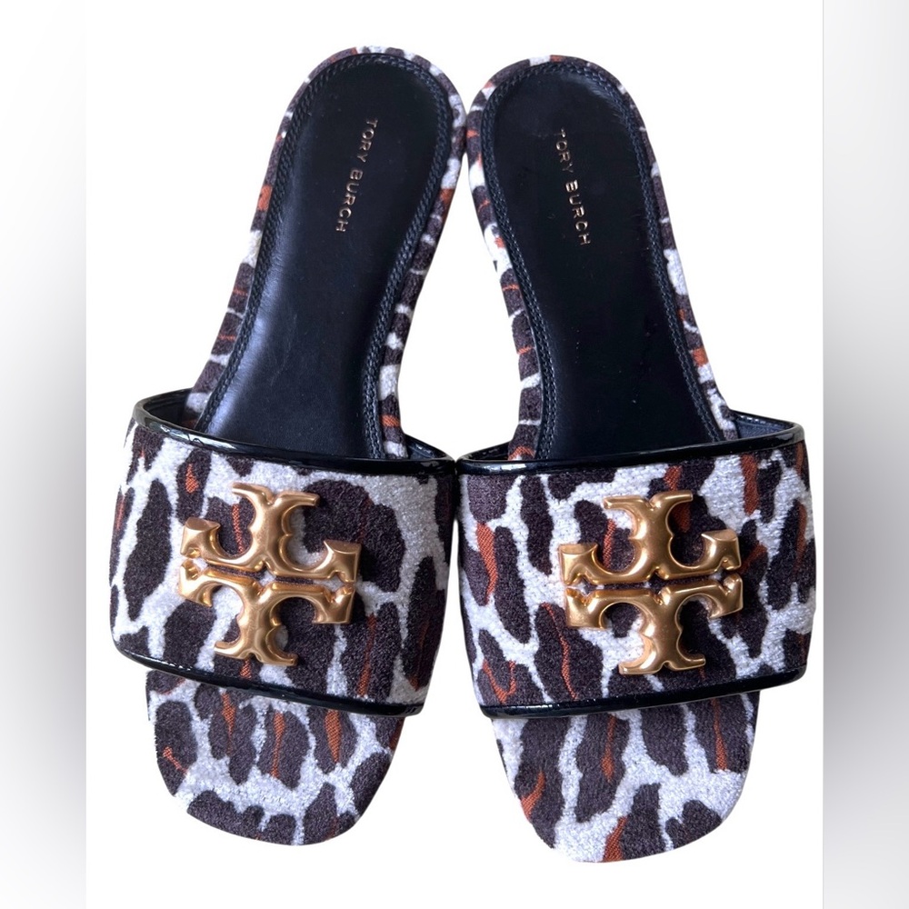 TORY BURCH ELEANOR Leather Leopard Print Gold Medallion Slide Sandals Size 8 - Picture 7 of 16